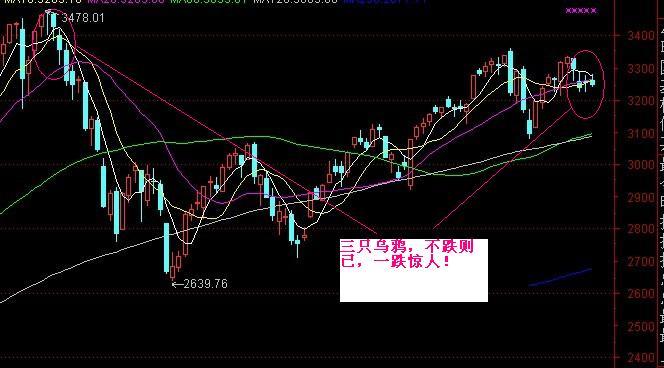 三隻烏鴉的圖片在k線圖形上3根向下的陰線持續下跌,後市看淡.