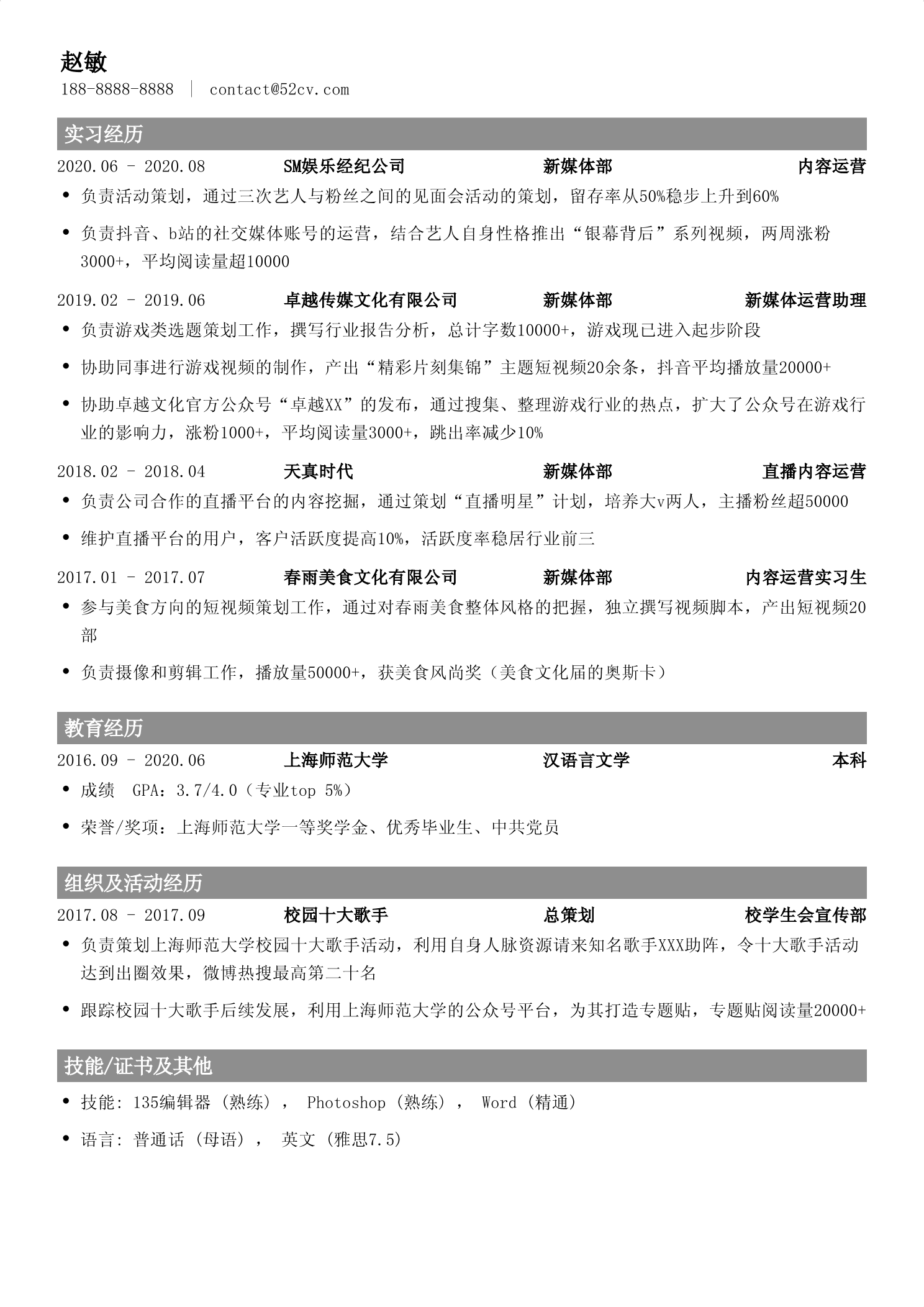 新媒体运营求职简历范文(新媒体运营求职简历模板)