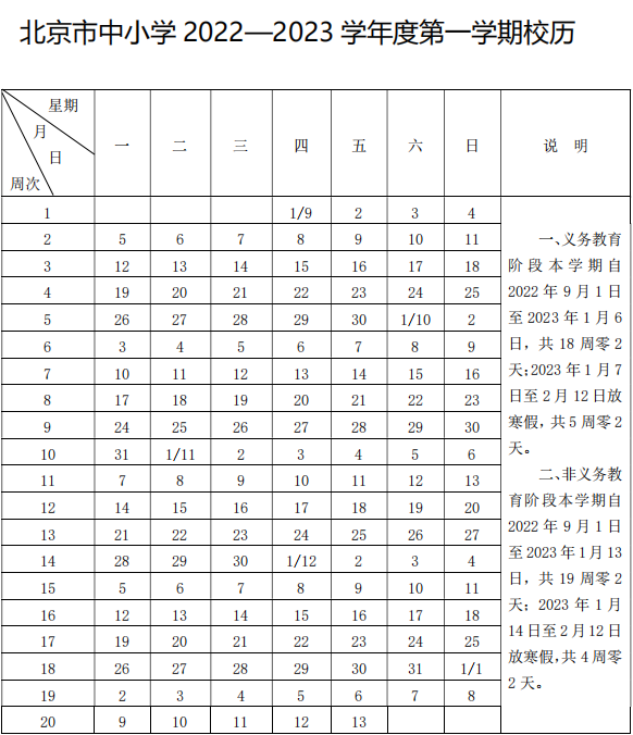 北京市中小學20222023學年度第一學期校歷時間安排