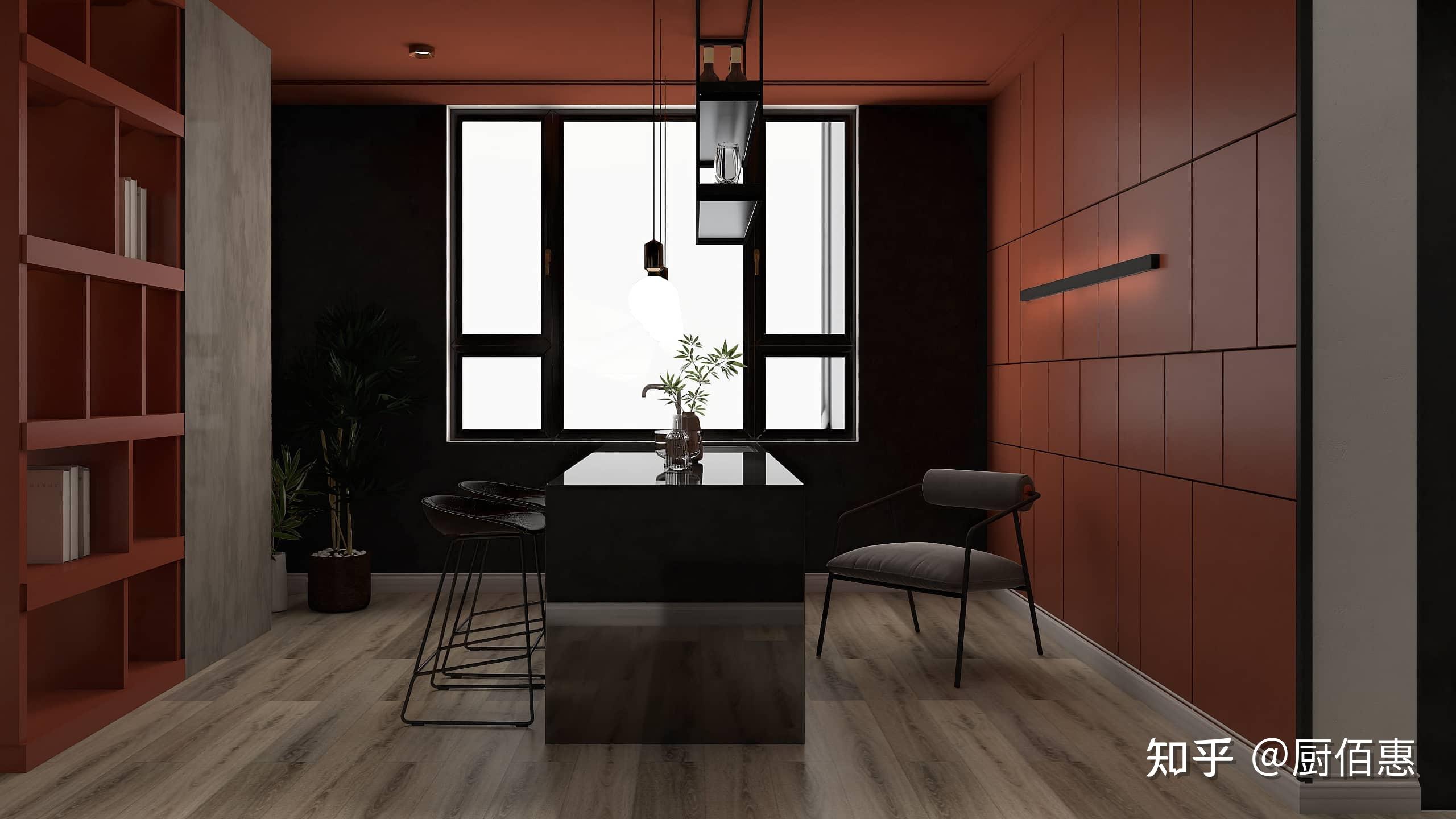 餐厅黑色的餐桌搭配金属餐椅,配上橘黄色的墙面与吊顶,搭上黑色的铁艺