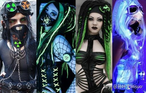 所以,赛博哥特是融合了 浪漫哥特的服装款式,锐舞派对的色彩,废土朋克