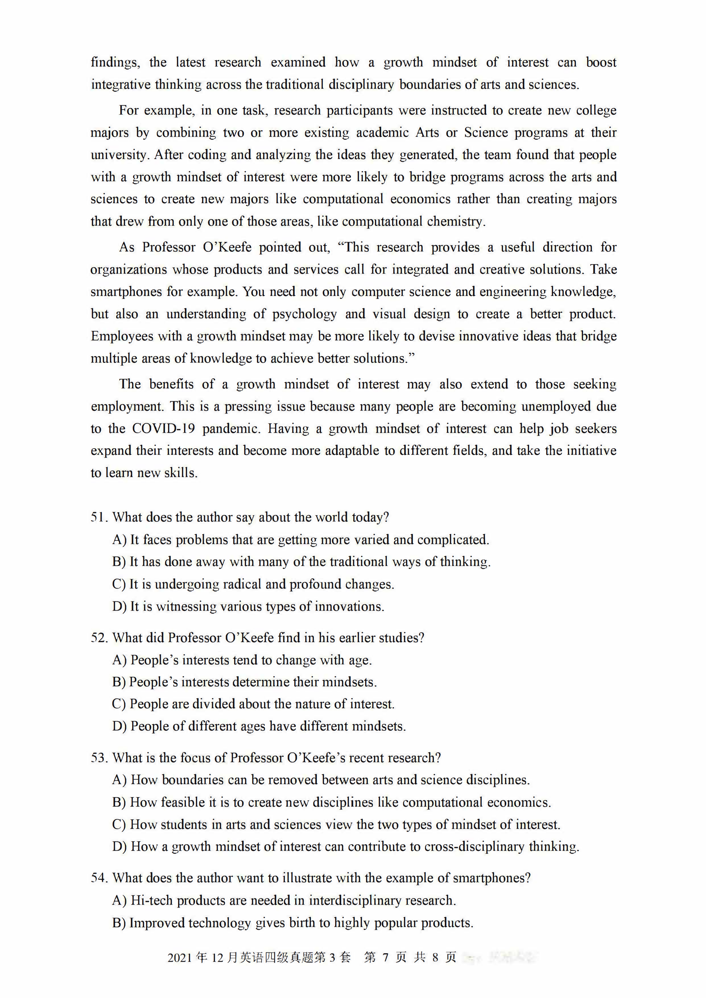 2021年12月大学英语四级真题参考答案解析第3套