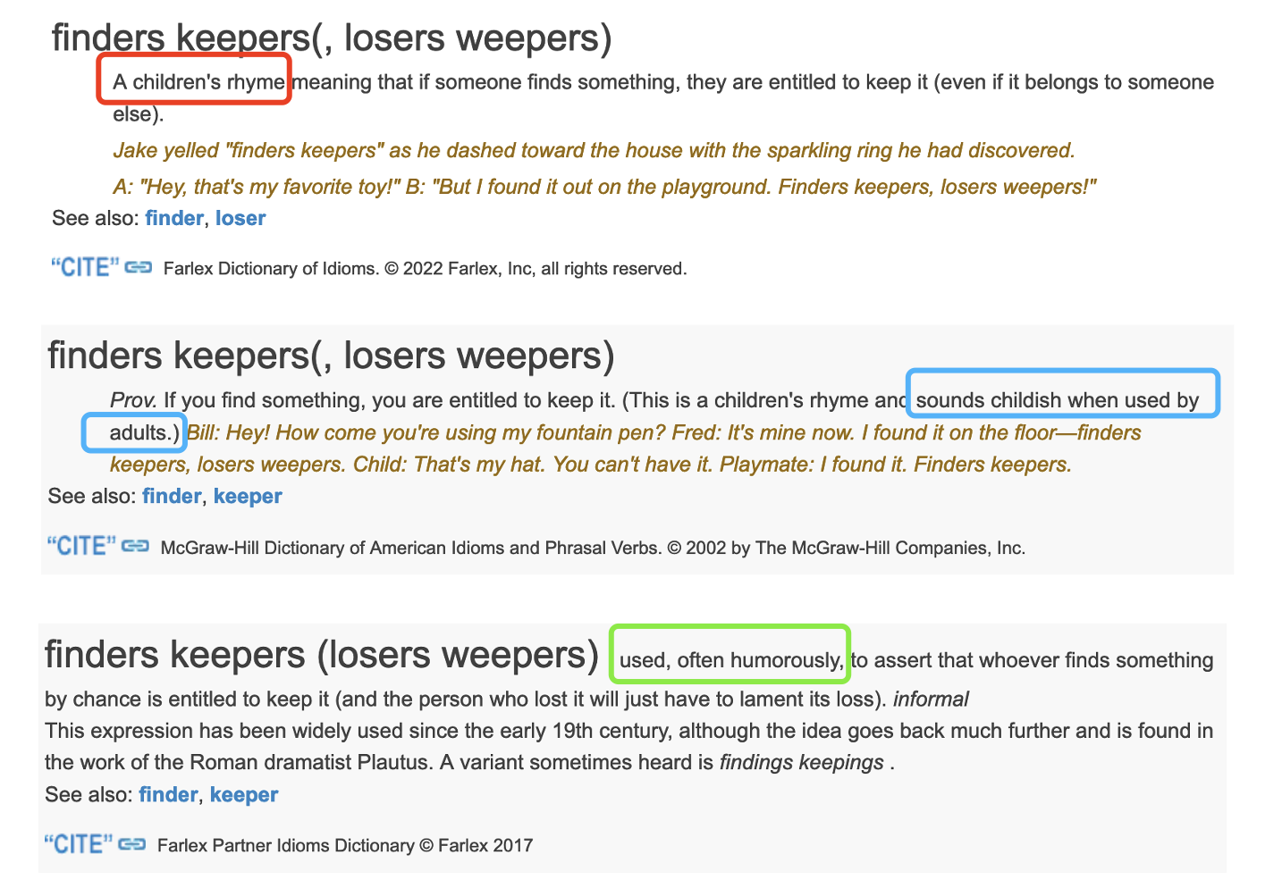 Finders keepers, losers weepers! 习语词典的解释 知乎