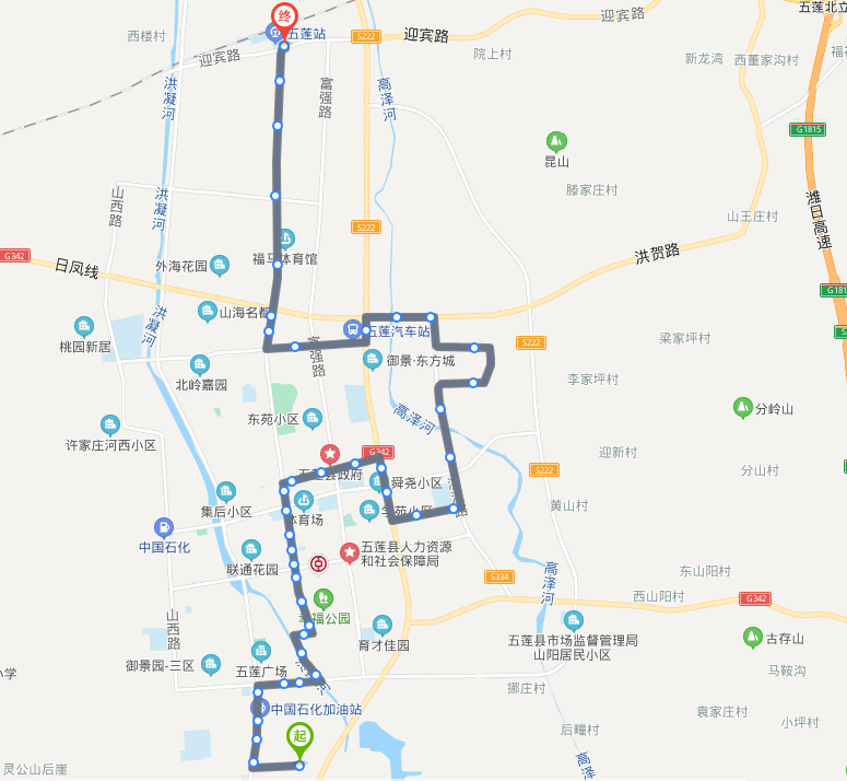 山東五蓮火車站109路公交車路線:定班車 :06:40 10:10 14:00 16:50