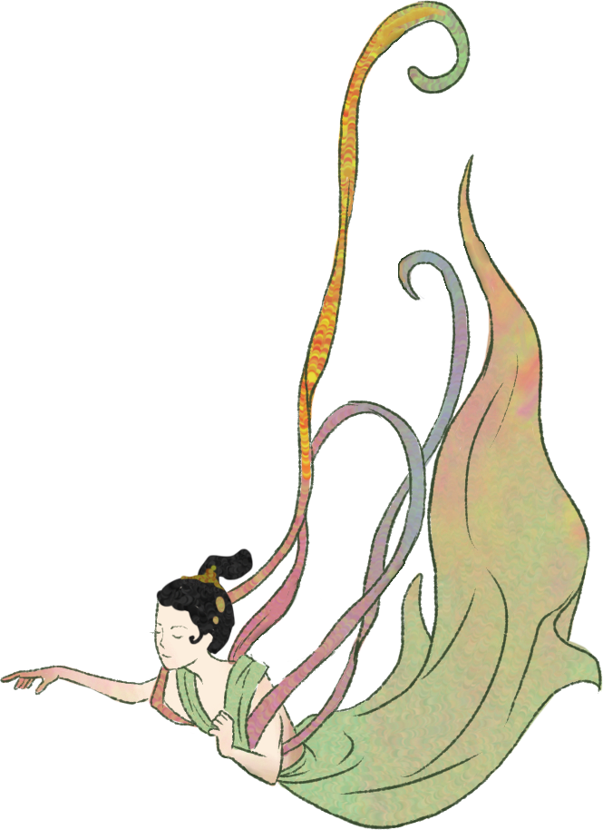 散花飞天 · 文物加设计图/这些飞天梳着发髻,深情的眉眼,右手高咀排