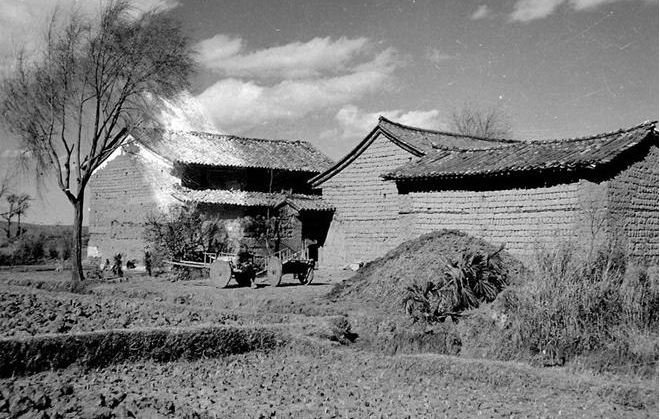 1949年的中国农村,随处可见这种土坯房,老百姓就地取土,用柁,檩