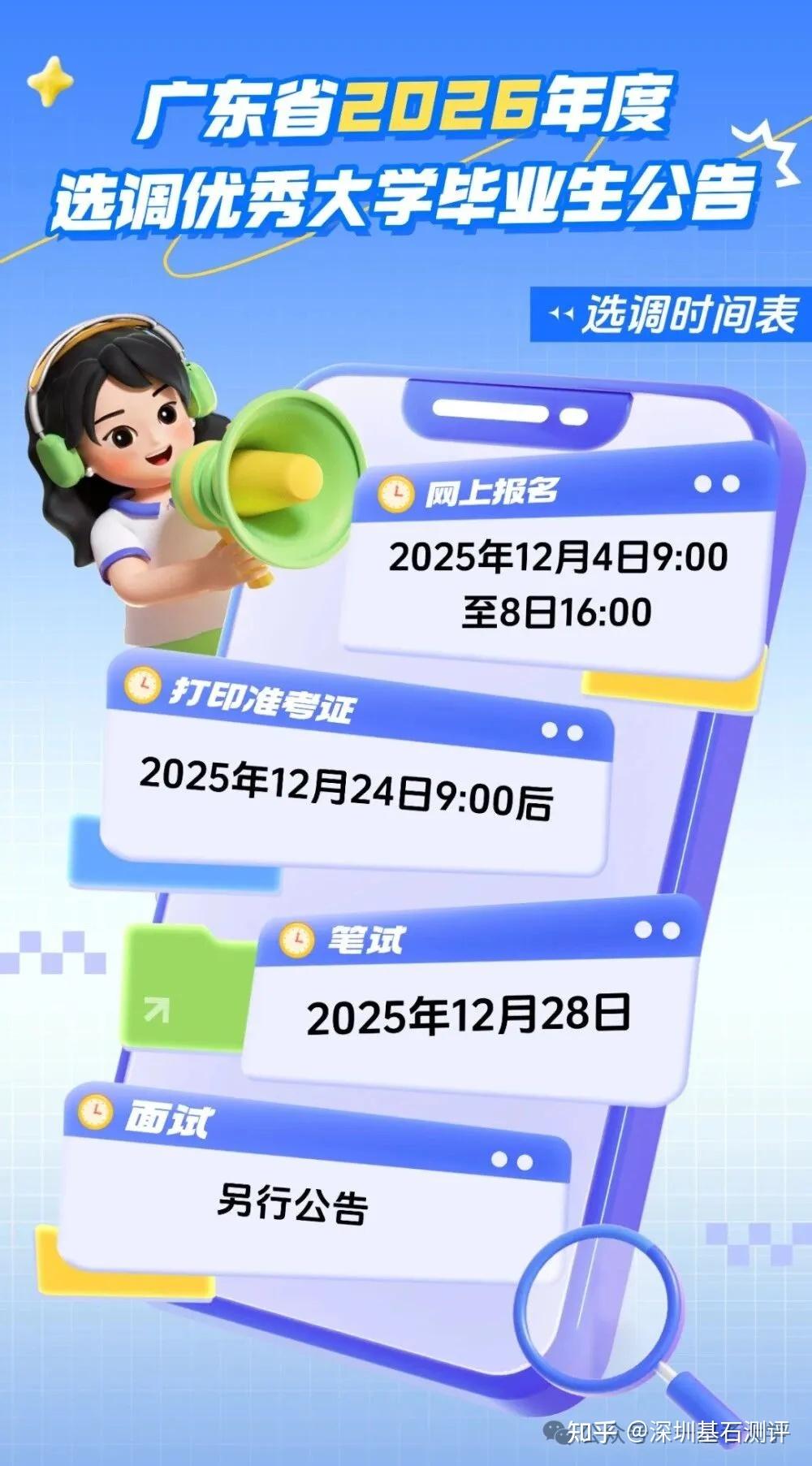 广东省2026年度选调优秀大学毕业生公告:选调1715名,报名时间为2025年12月4日至8日,深圳基石测评分享。 - 知乎