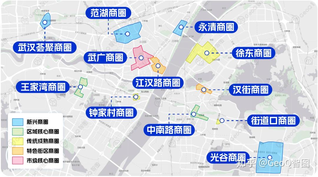 武汉主要商圈分布本文将以geoq data 商业地产数据为基准,探秘武汉