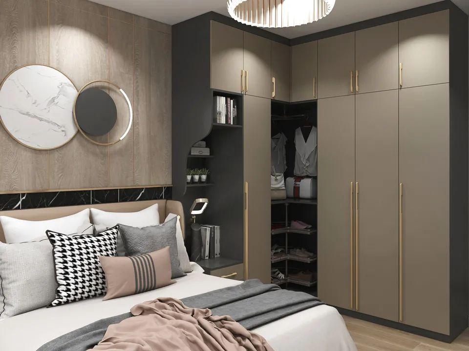 l型的衣柜有足够的储物空间,转角处用开放格,靠床头位置用圆弧柜加