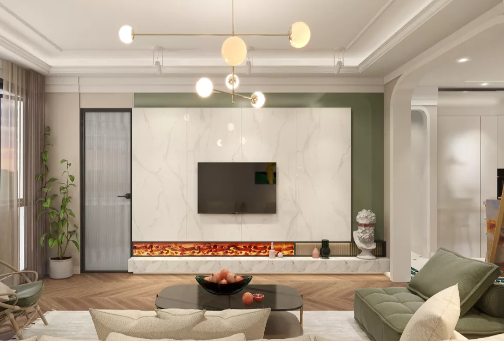 在这间轻奢风的客厅内,莫兰迪调的草绿色搭配优雅的白色大理石,星空般