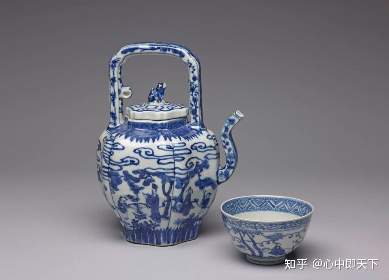 明万历景德镇官窑青花高士图瓜棱提梁壶