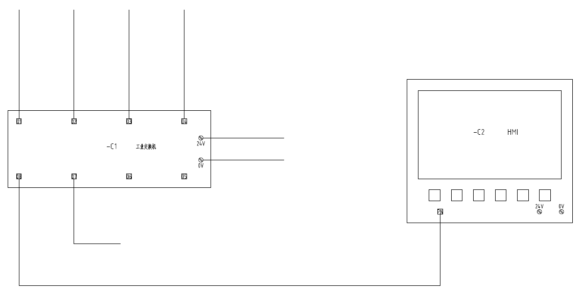 圈选工业交换机符号的01-04端子,绘制4条导线.