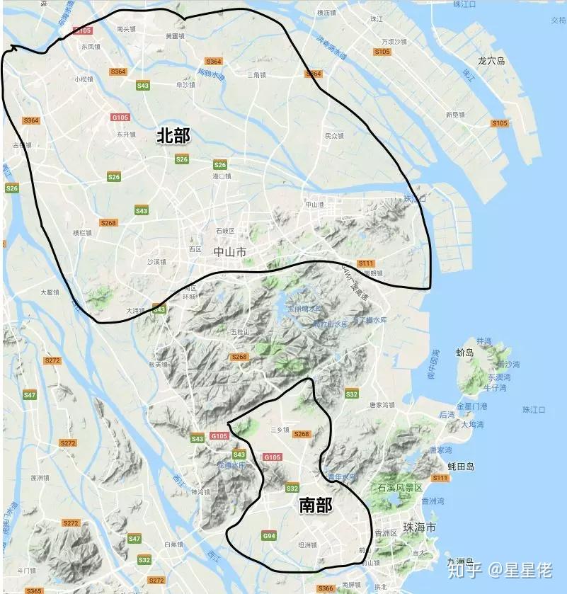 再看中山的地形,隔断很明显,主要是五桂山脉把中山分成了南北两大块.
