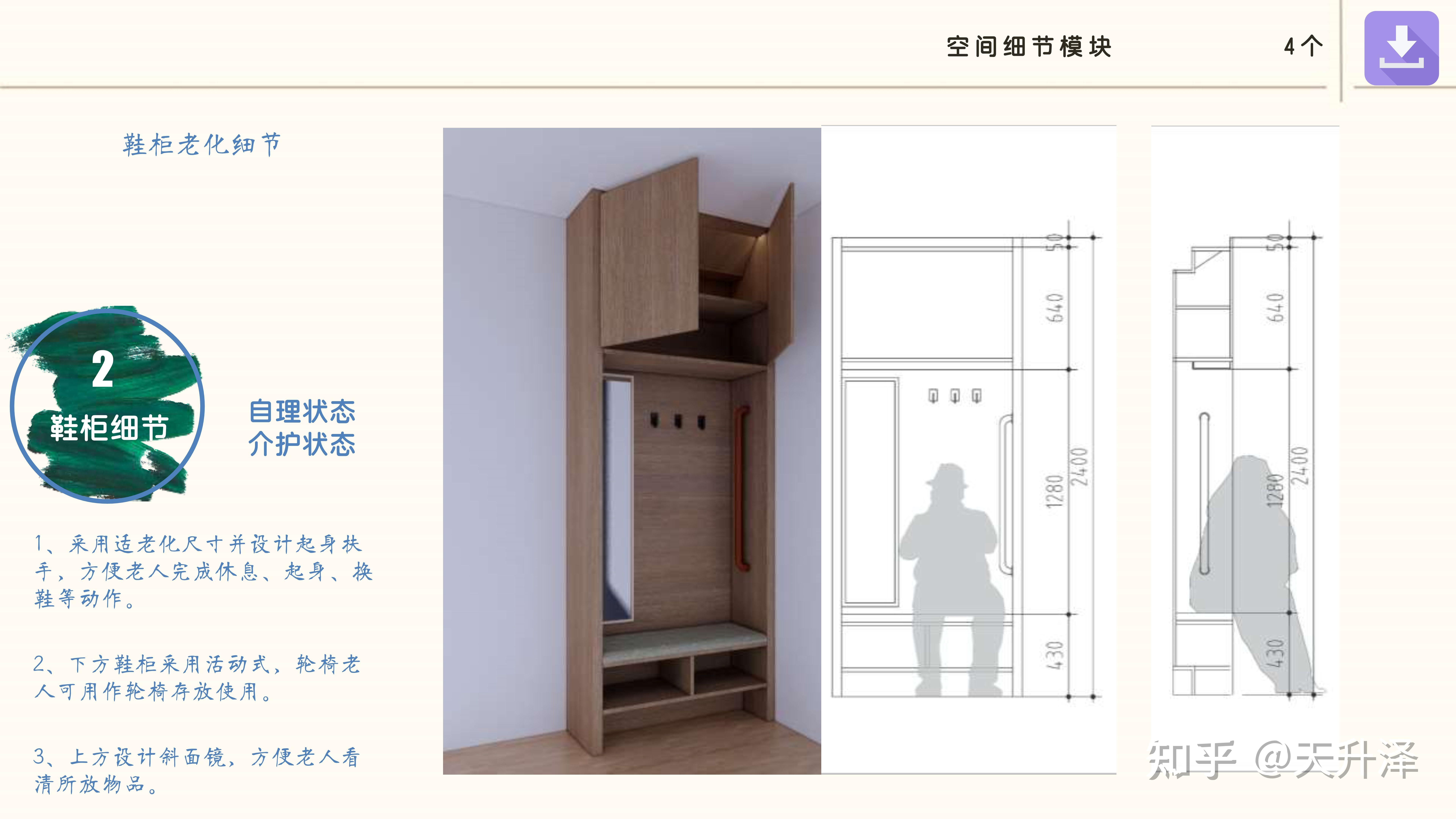 1,采用适老化尺寸并设计起身扶手,方便老人完成休息,起身,换鞋等动作.