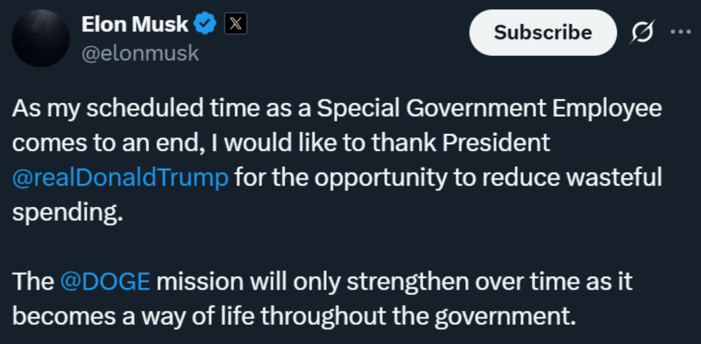 马斯克官宣即将离开特朗普政府，如何评价他任职期间的表现？怎么看待他说政府效率部成了华盛顿的「替罪羊」？ - 知乎