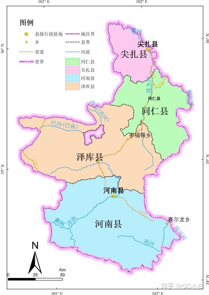 区划,河流,湖泊,交通,境界,居民点,山峰矢量数据(以黄南州行政区划