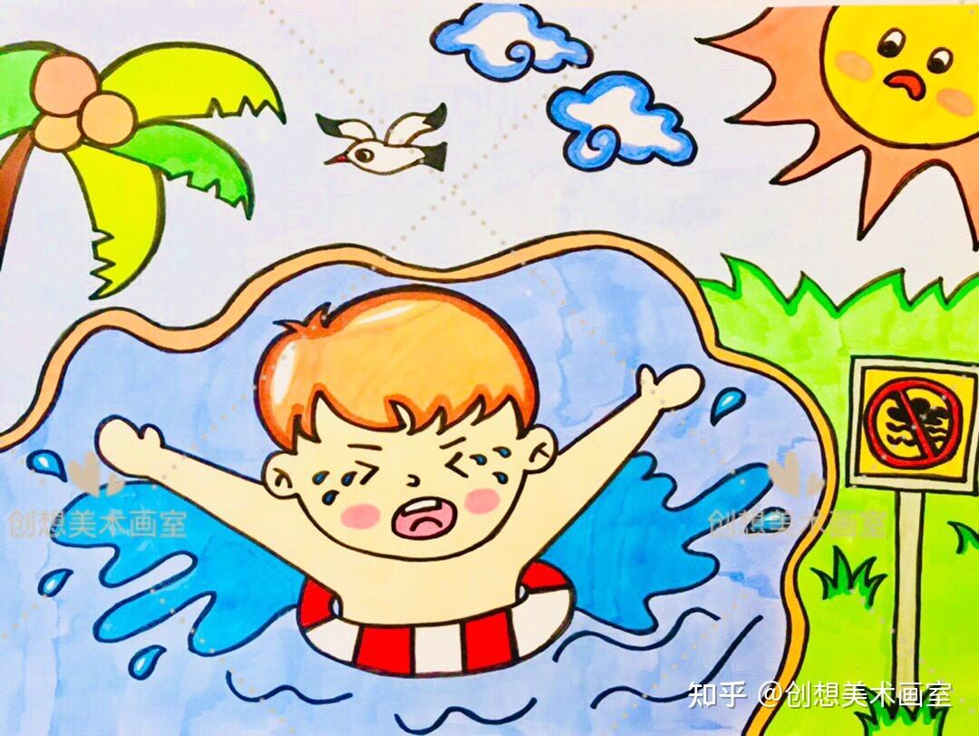 夏日防溺水手抄报儿童画,暑假安全教育主题绘画,珍爱生命 