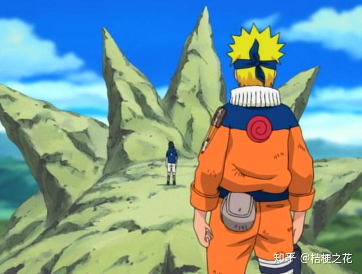 鸣人气喘吁吁,汗流浃背,看见了佐助伫立的背影.