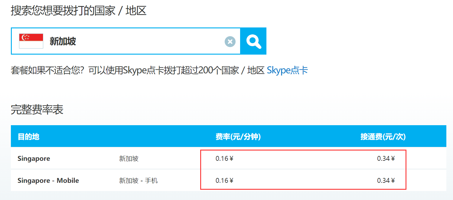 Skype往新加坡拨打电话的费用