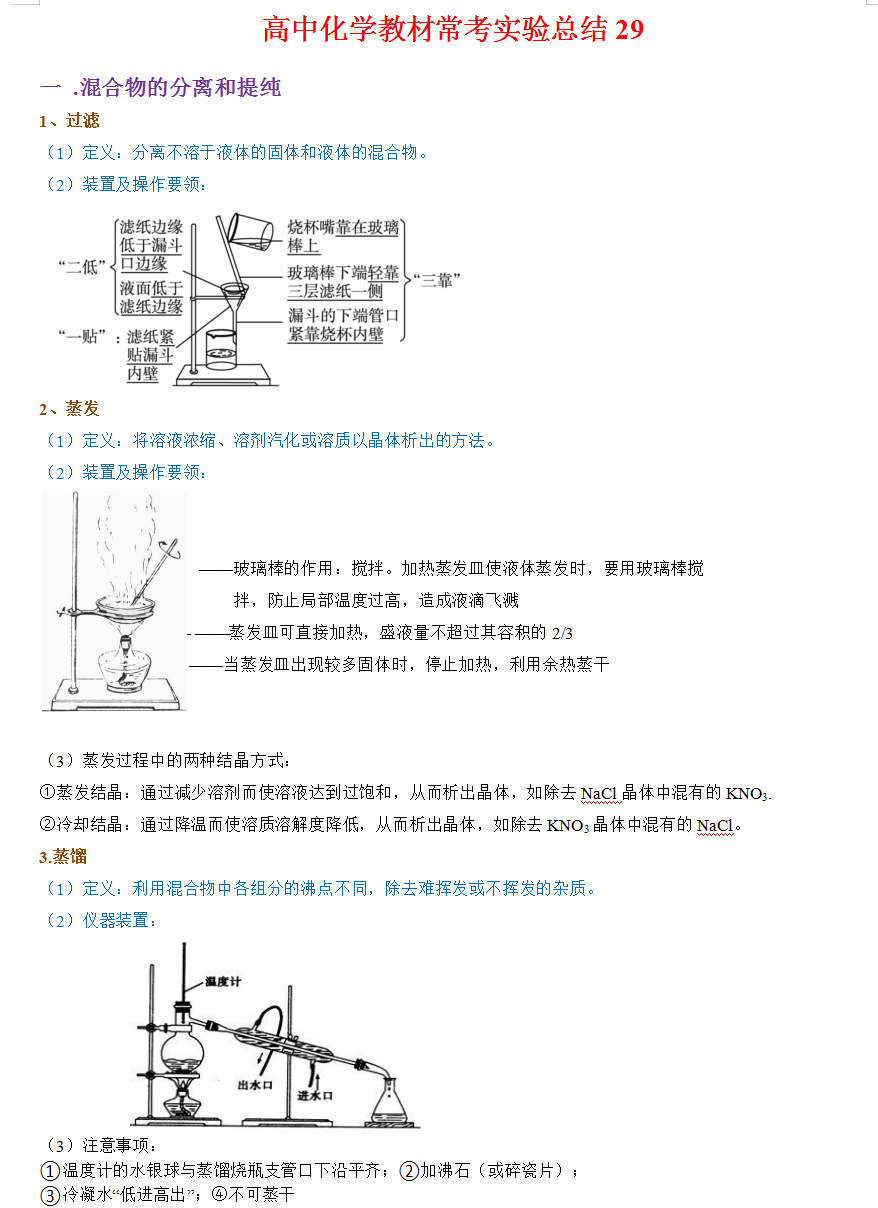 高中化学29个教材实验总结常考典型例题