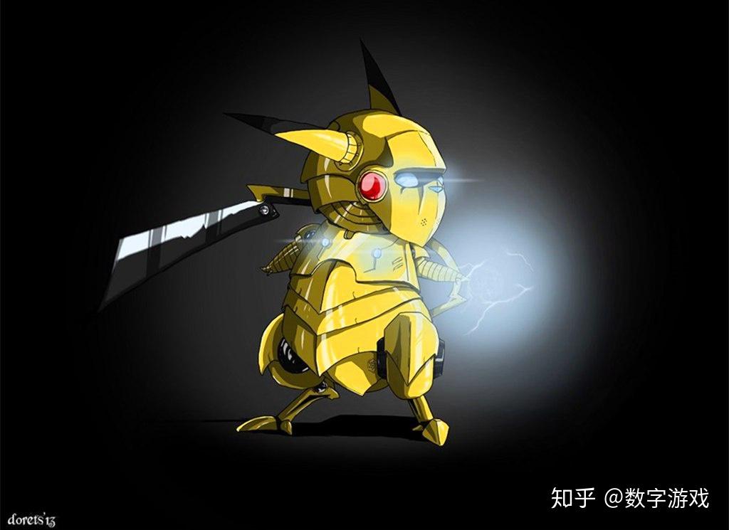 机械化后的皮卡丘,带点黑暗色彩,模仿钢铁侠的动作机械化后的大舌贝