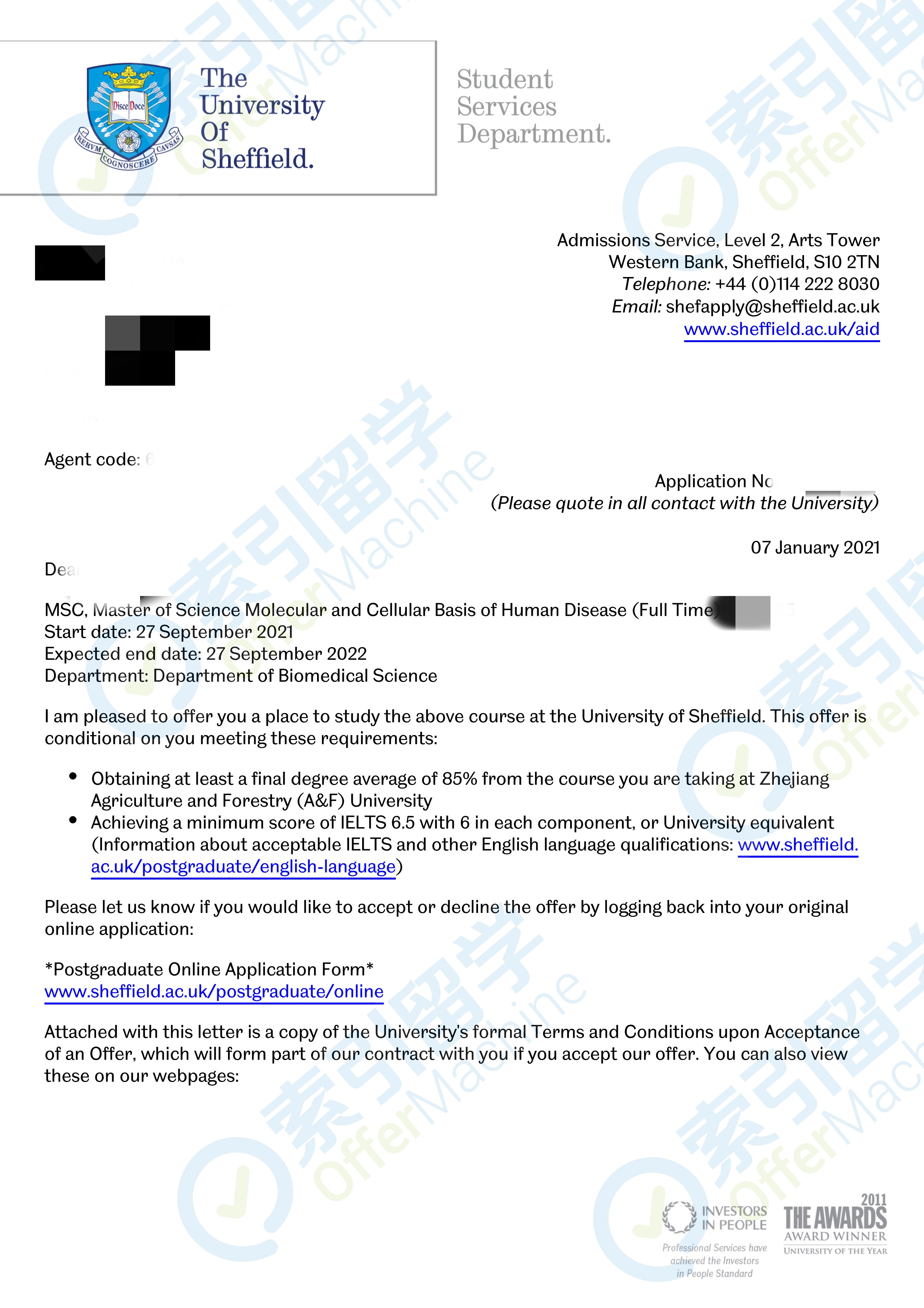 恭喜成功拿到谢菲尔德大学两个offer
