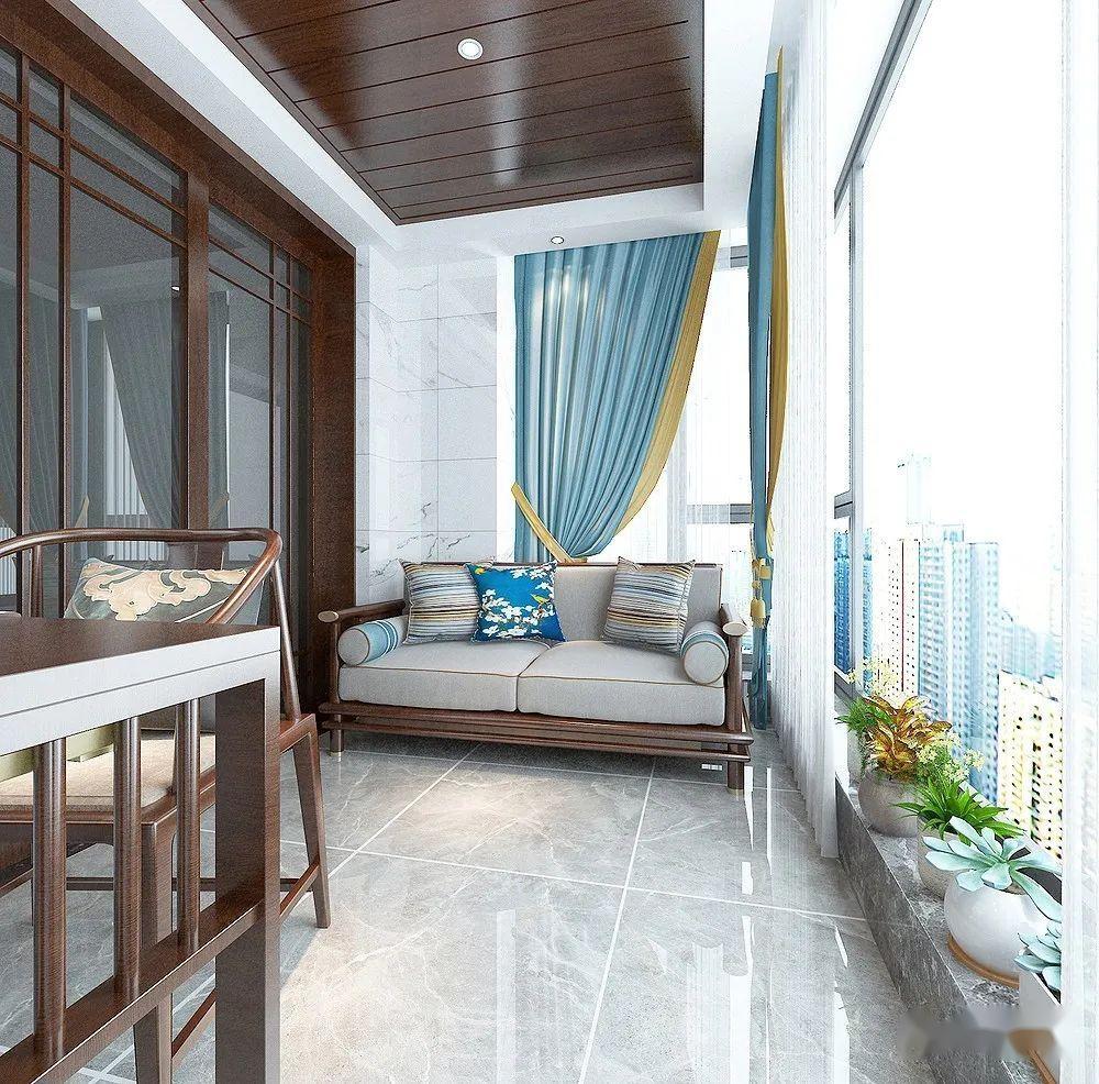 防腐木的吊顶设计,搭配了实木茶桌椅与复古吊灯,以及花卉绿植的点缀