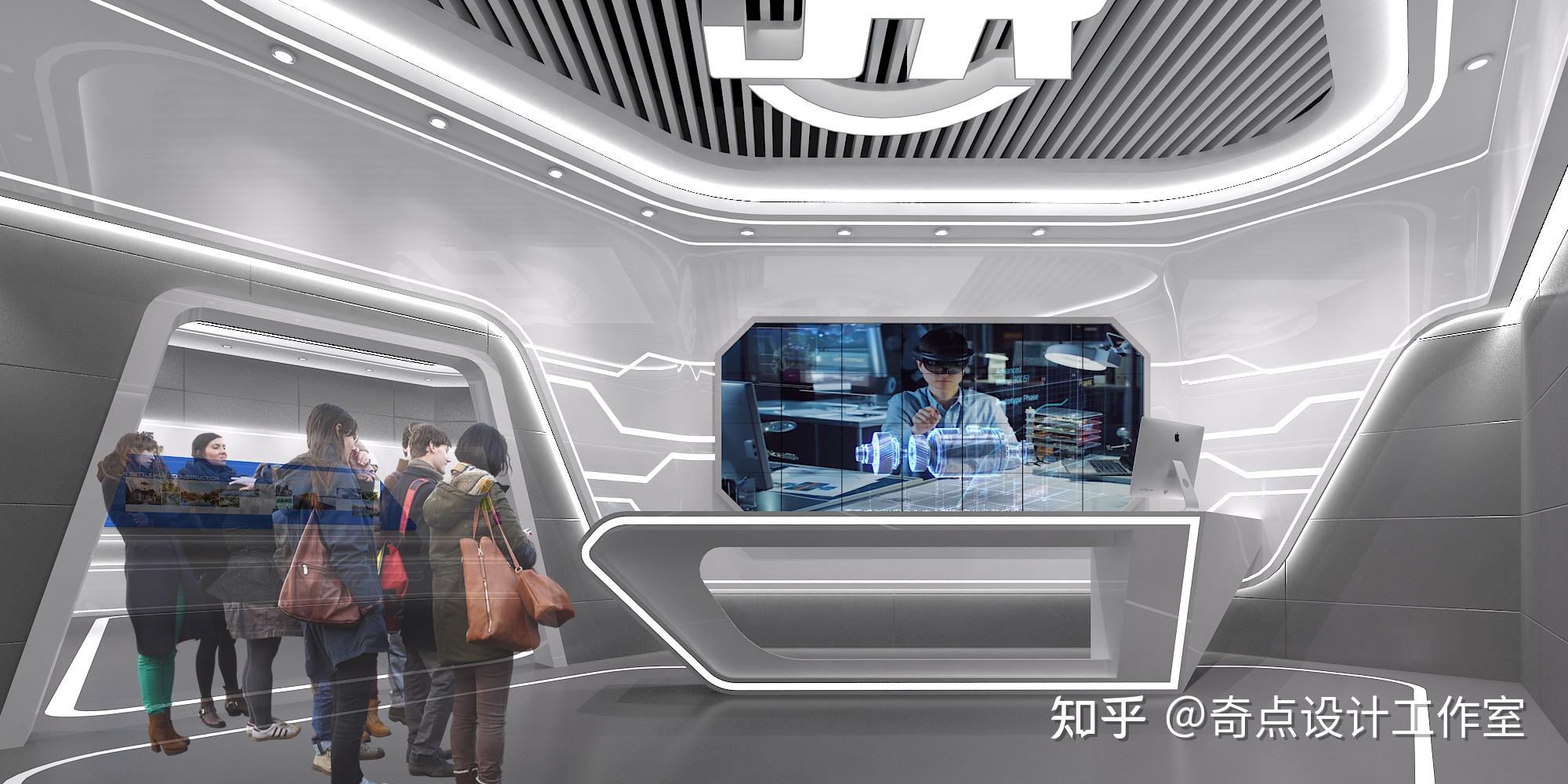 在这里,需要我们对展厅的墙顶地面的造型与线条,以及落地的材质做出一