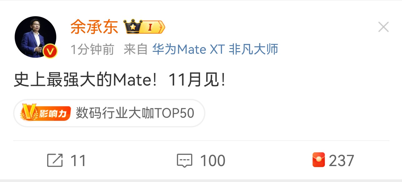 余承东官宣「史上最强大」 的 Mate 将于 11 月发布，或为 Mate 70，对此你有哪些期待？