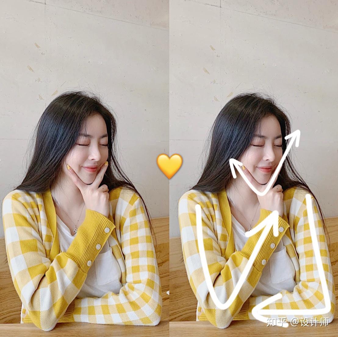 这个是很多妹子常用的姿势了吧,把脸稍侧在下巴比个耶,v型脸就能轻松