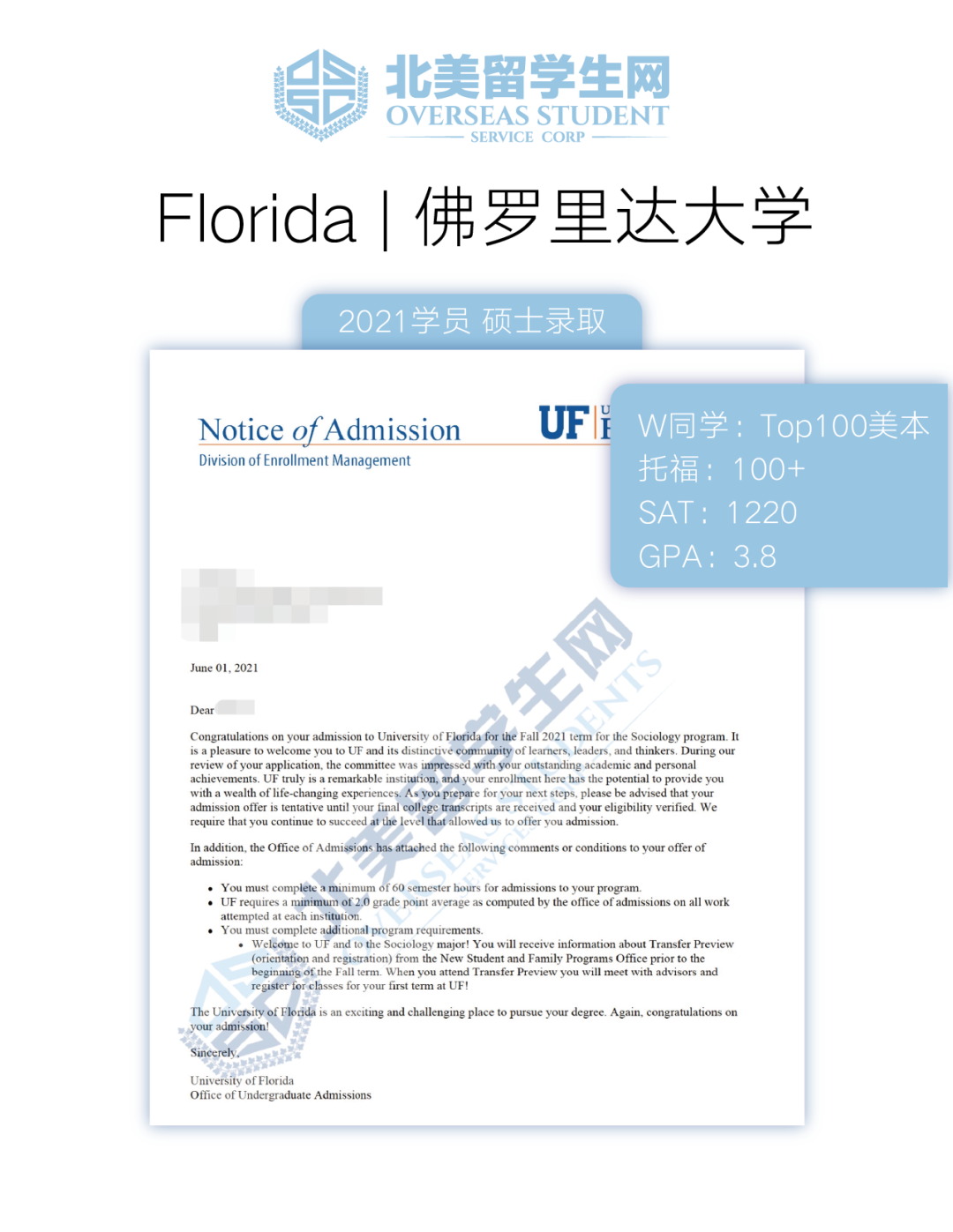 喜报本科转学佛罗里达大学offer