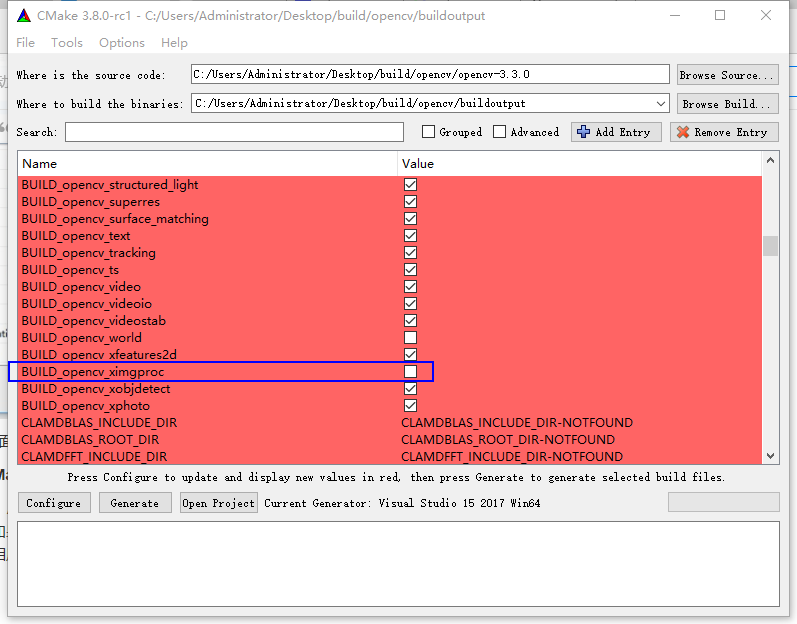 source目錄和build output目錄如下圖:1是opencv的source code路徑,2