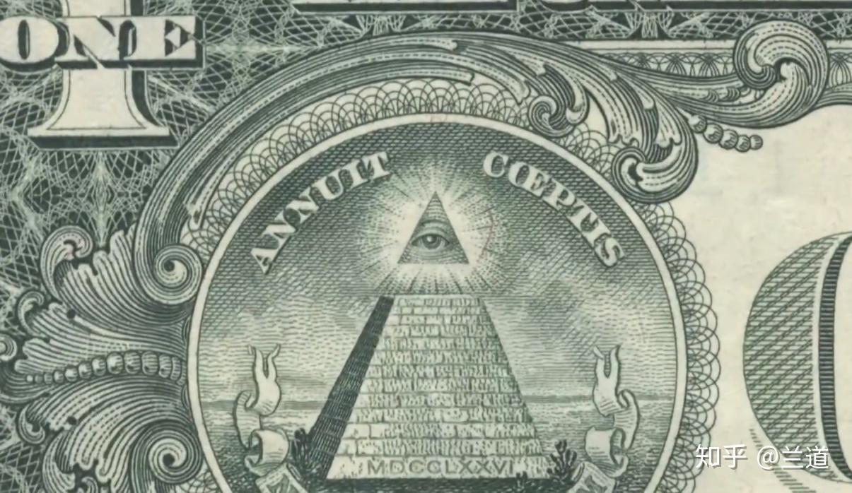 在一美元纸币的背面,金字塔图案的顶端有一只眼睛,代表着上帝用