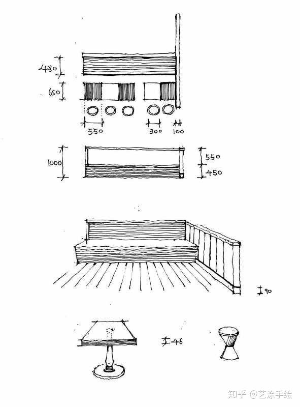 手绘室内快题家具尺寸分析一