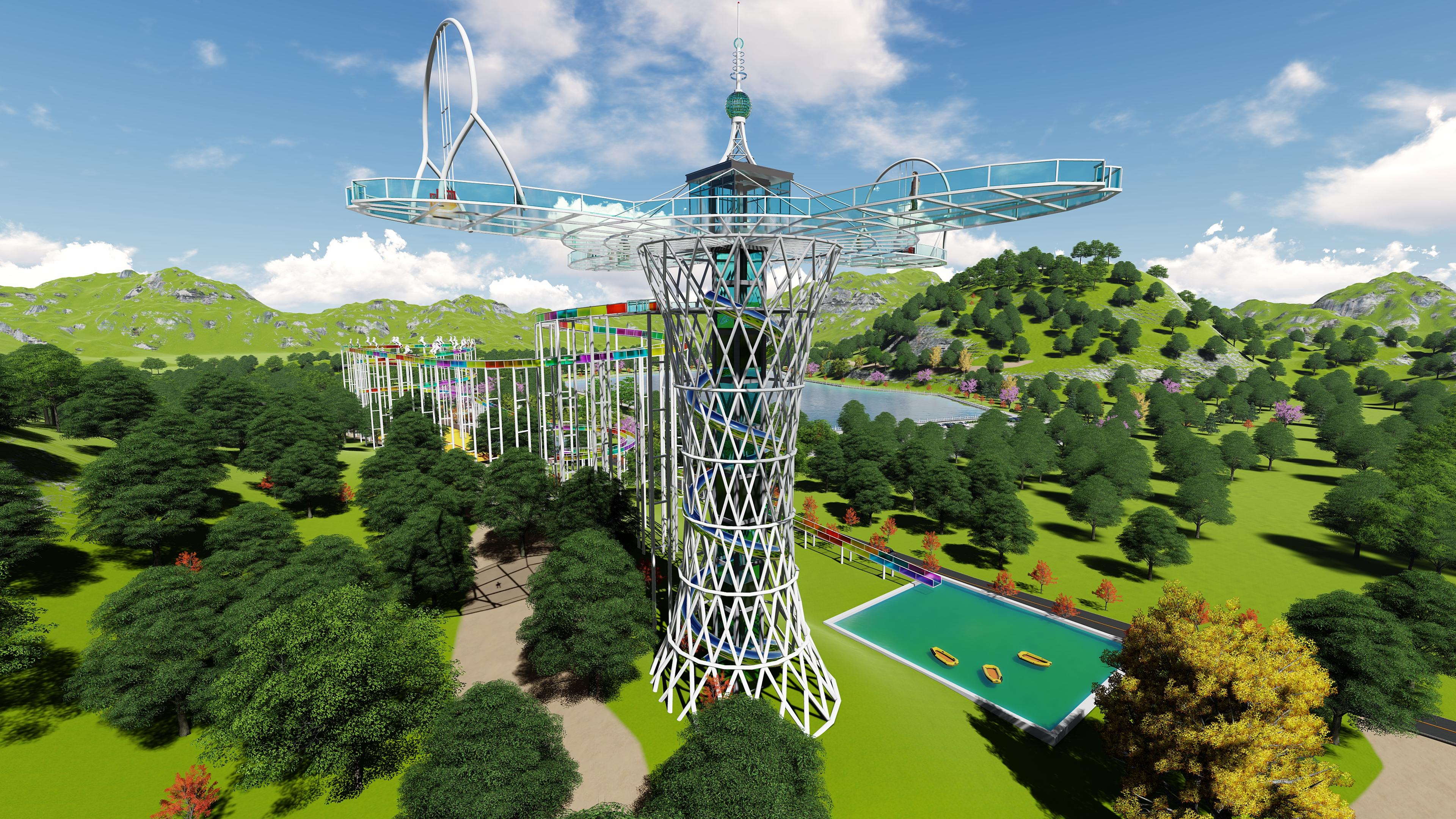 高空玻璃观景塔带着尖叫观赏景色