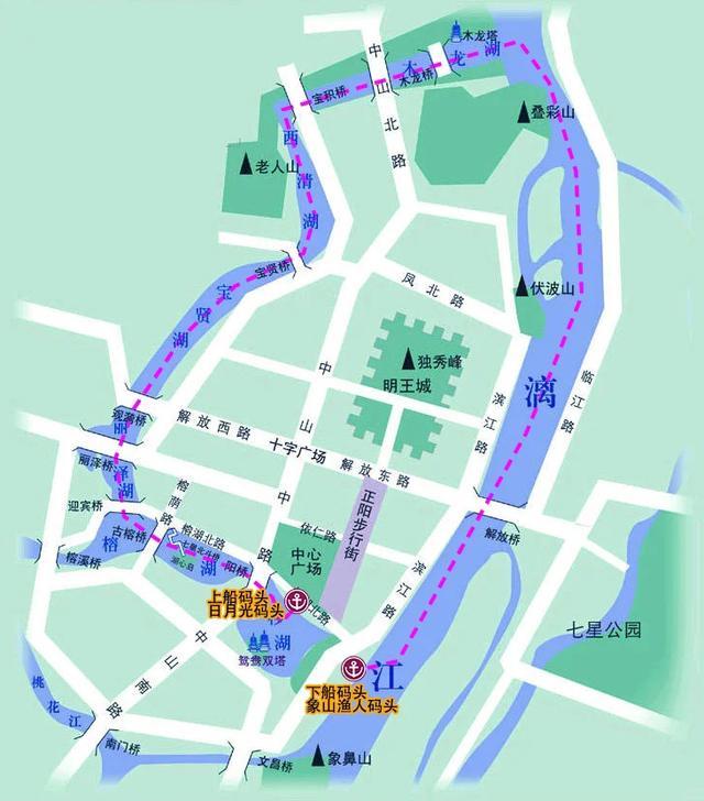 所谓两江,指的是漓江和桃花江;而四湖,则指的是桂湖,杉湖,木龙湖和