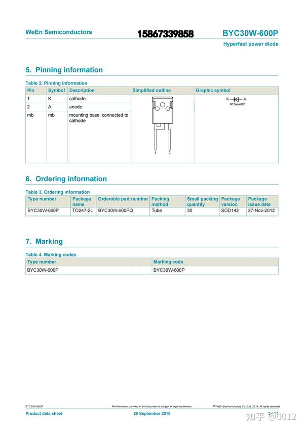 WEEN瑞能BYC30W 600PQ 600V 30A整流芯片参数 知乎