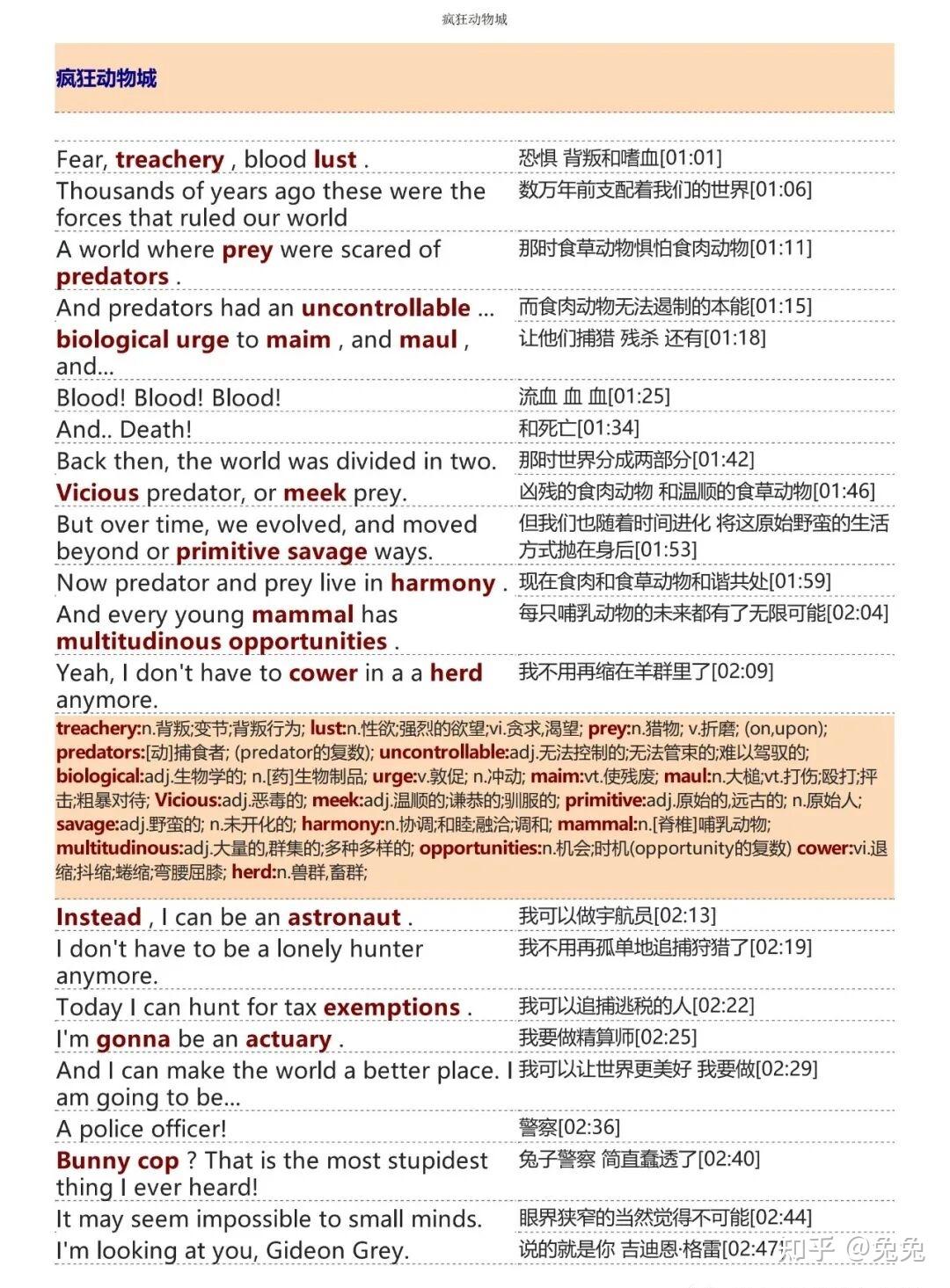 疯狂动物城Zootopia台词本中英对照PDF可打印+mp3音频 - 知乎