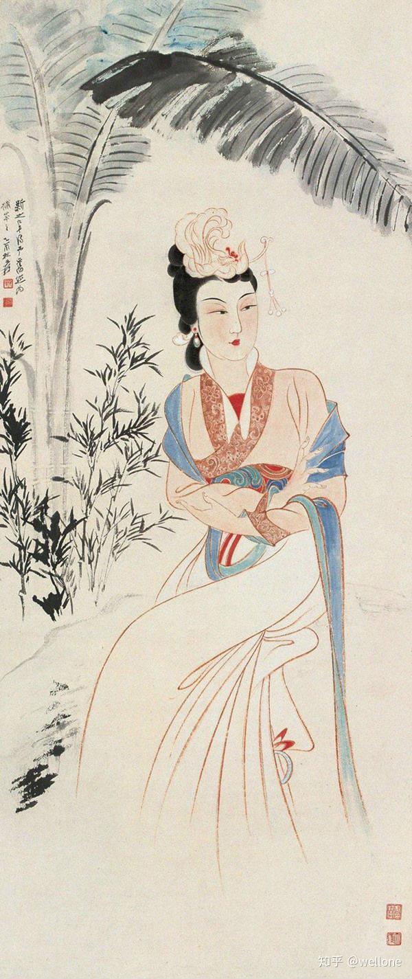 中国古美術・純手描き仕女図掛軸・水彩画・張大千印款・書道品・絹本・肉筆・一物一图 中国古美術・純手描き仕女図掛軸・水彩画・張大千印款・書道品