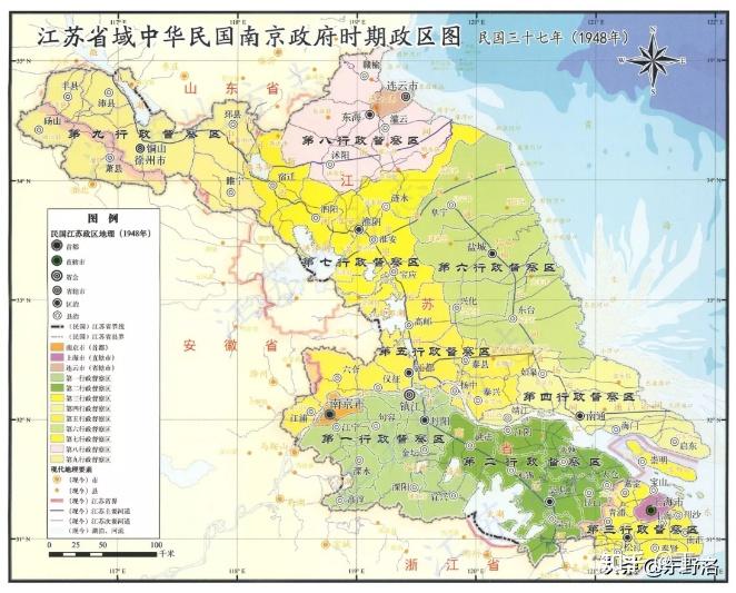 1948年的江苏地图1949年到1953年期间,江苏省被划分为苏北行署,苏南