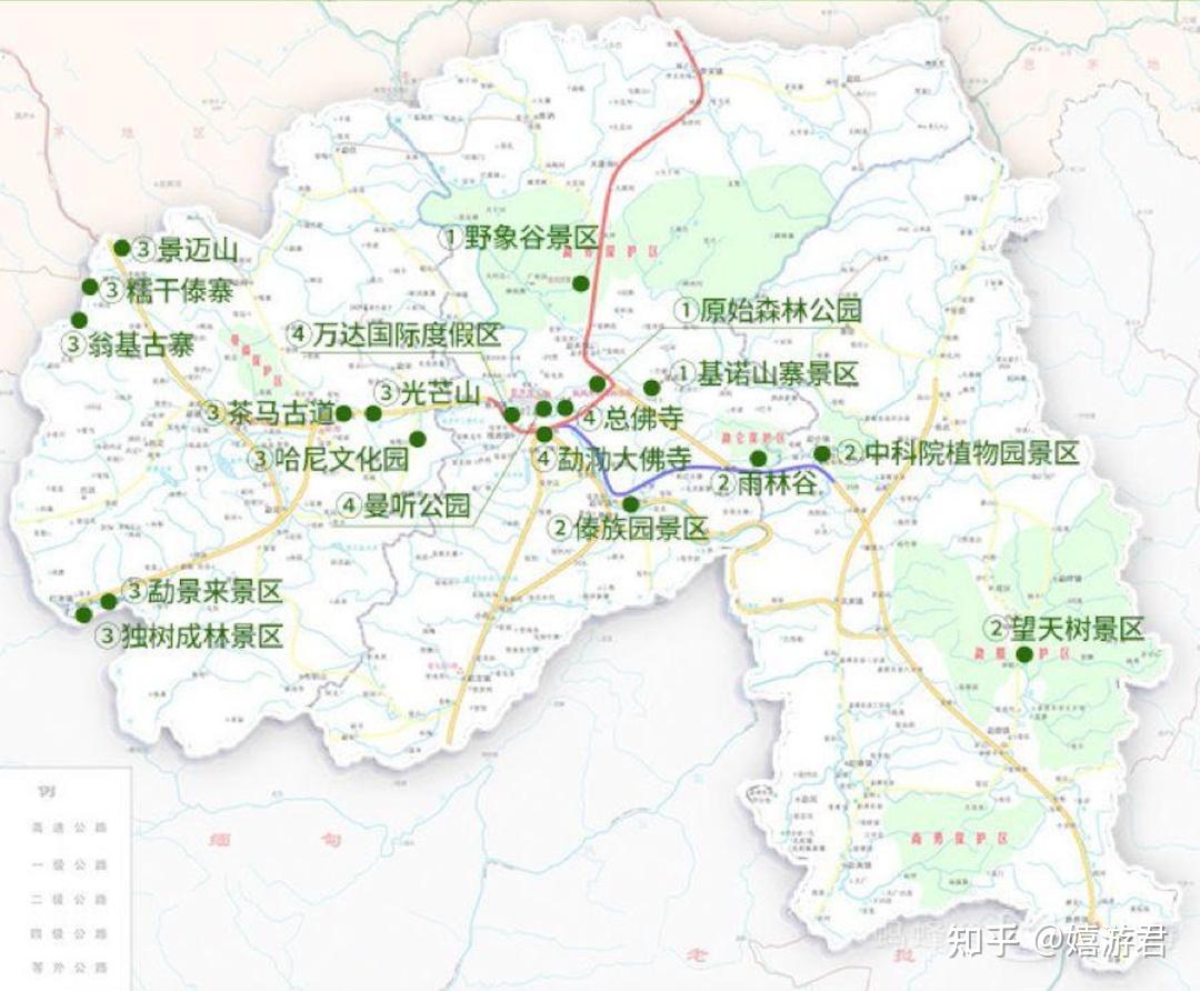 基本就是除了景洪(市區)外,它的東西北都有景點.