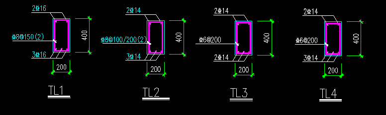 2:图中tl1 tl2 tl3 tl4的配筋为何不同,大样在下图,位置在上图(梯图).