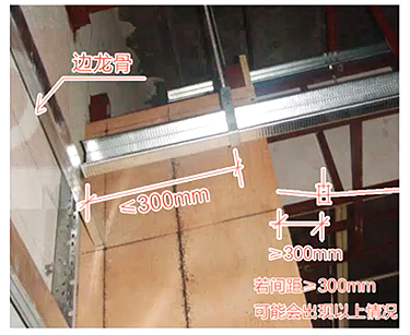为防止间距过大,吊顶末端不受力,影响吊顶的安全性