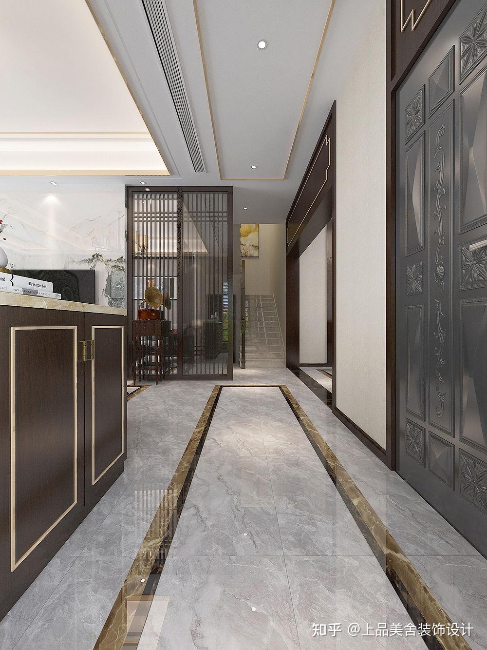 过道过道过道也即是玄关的区域,双色波导线和吊顶呼应对称,形成区域