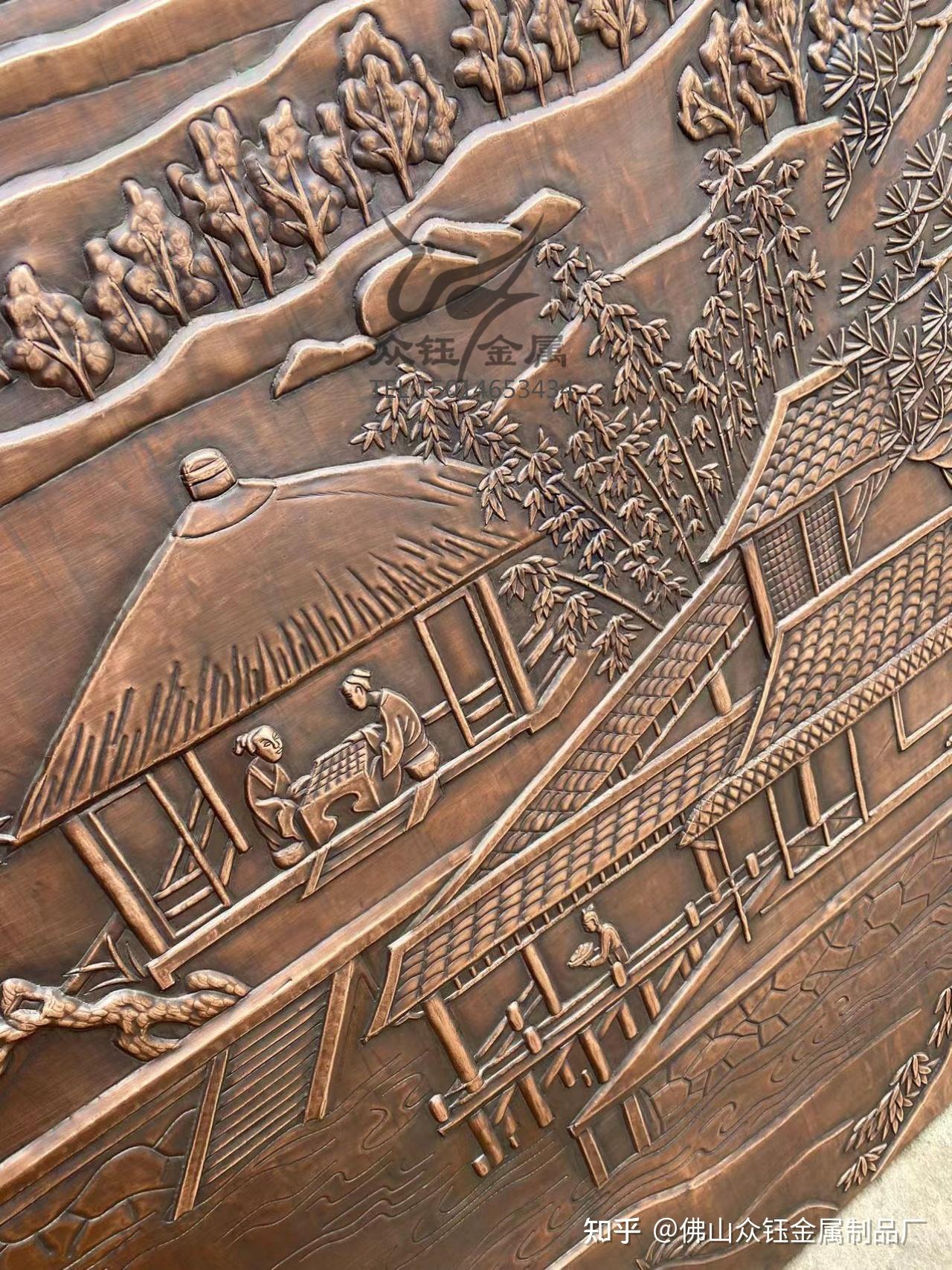 纯手工锻打紫铜浮雕壁画风土人情山水人物背景墙