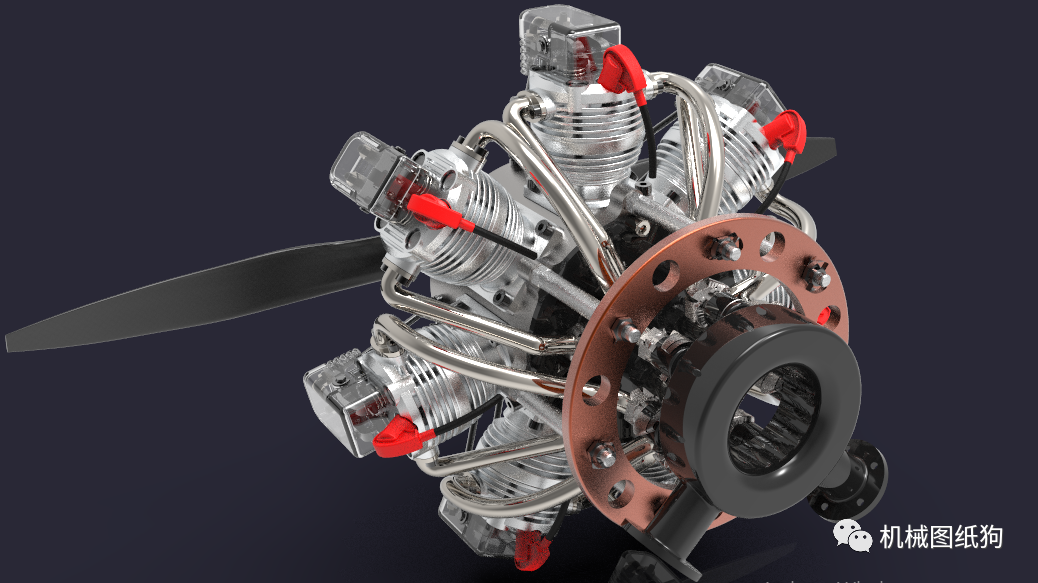 发动机电机rotaryengine7缸星形发动机3d图纸stp附平面工程图
