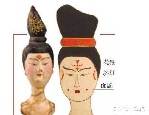 再贴花钿,花钿也被称为面花,大多时候贴于眉毛中间,有时还会贴于鬓角