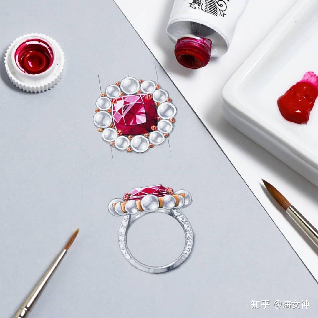 红宝石与珍珠搭配的戒指珠宝设计手绘水彩临摹素材图676767