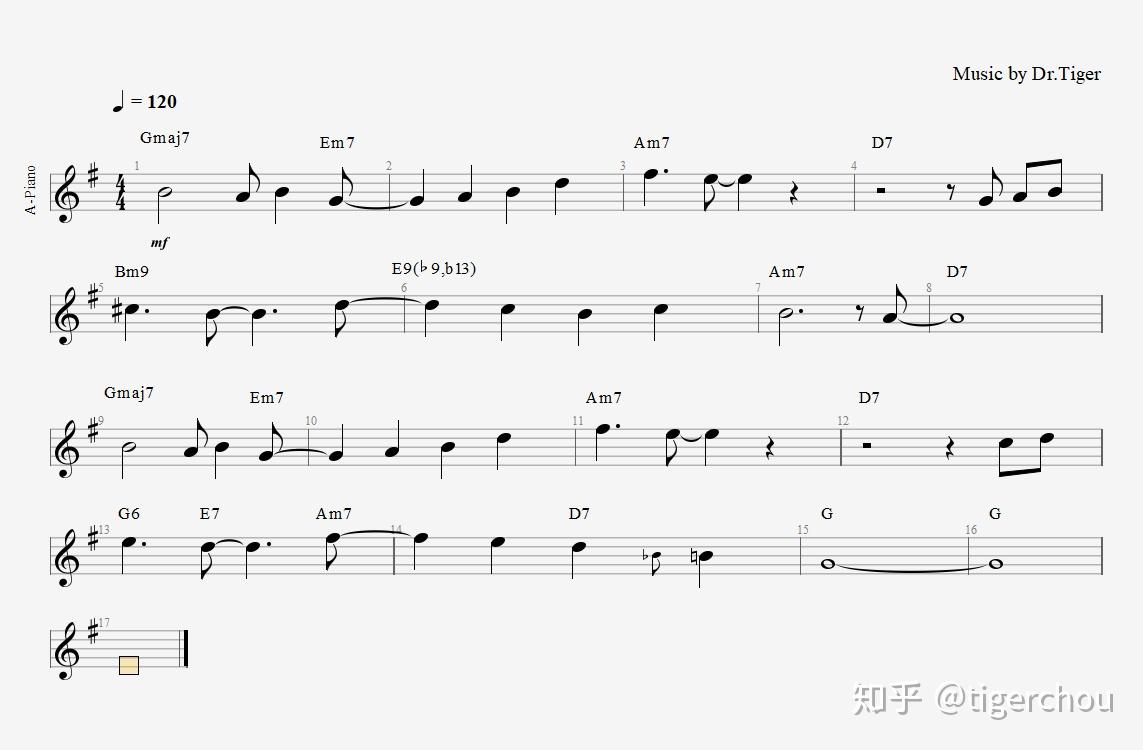 谱例2依照谱例1上的和弦级数,使用八分音符演奏对应的bebop音阶级进