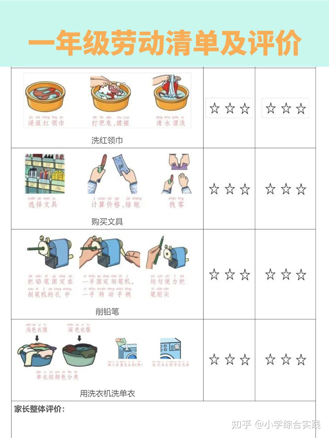 劳动教育清单一年级孩子收藏使用
